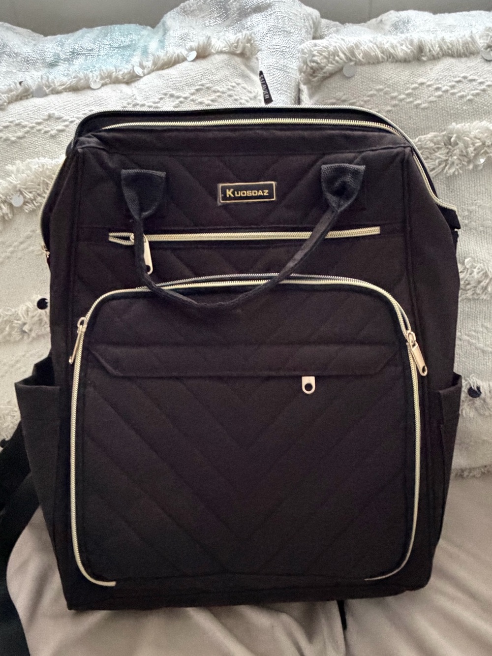 New: Large Stylish Black Gold Structured Quilted Knitting Crafting Backpack